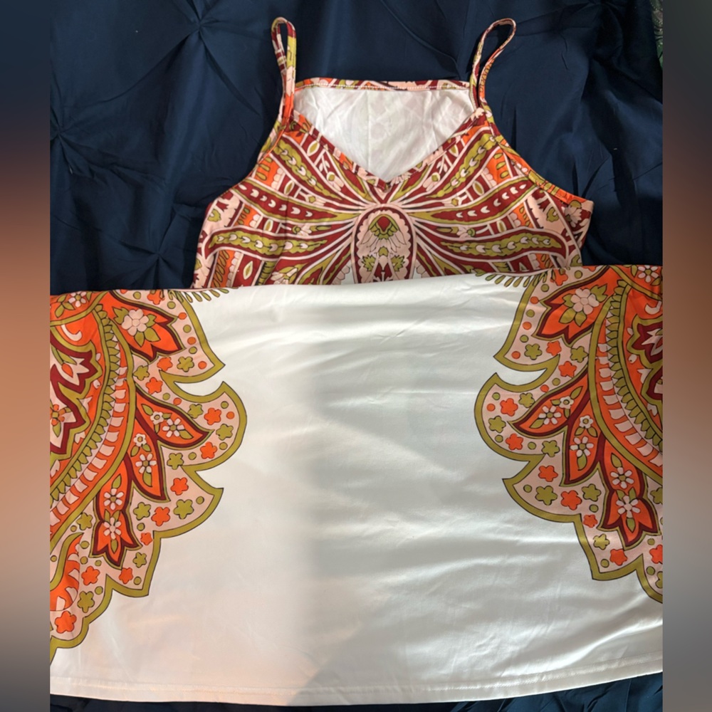 White Dress with Orange & Olive Paisley Print